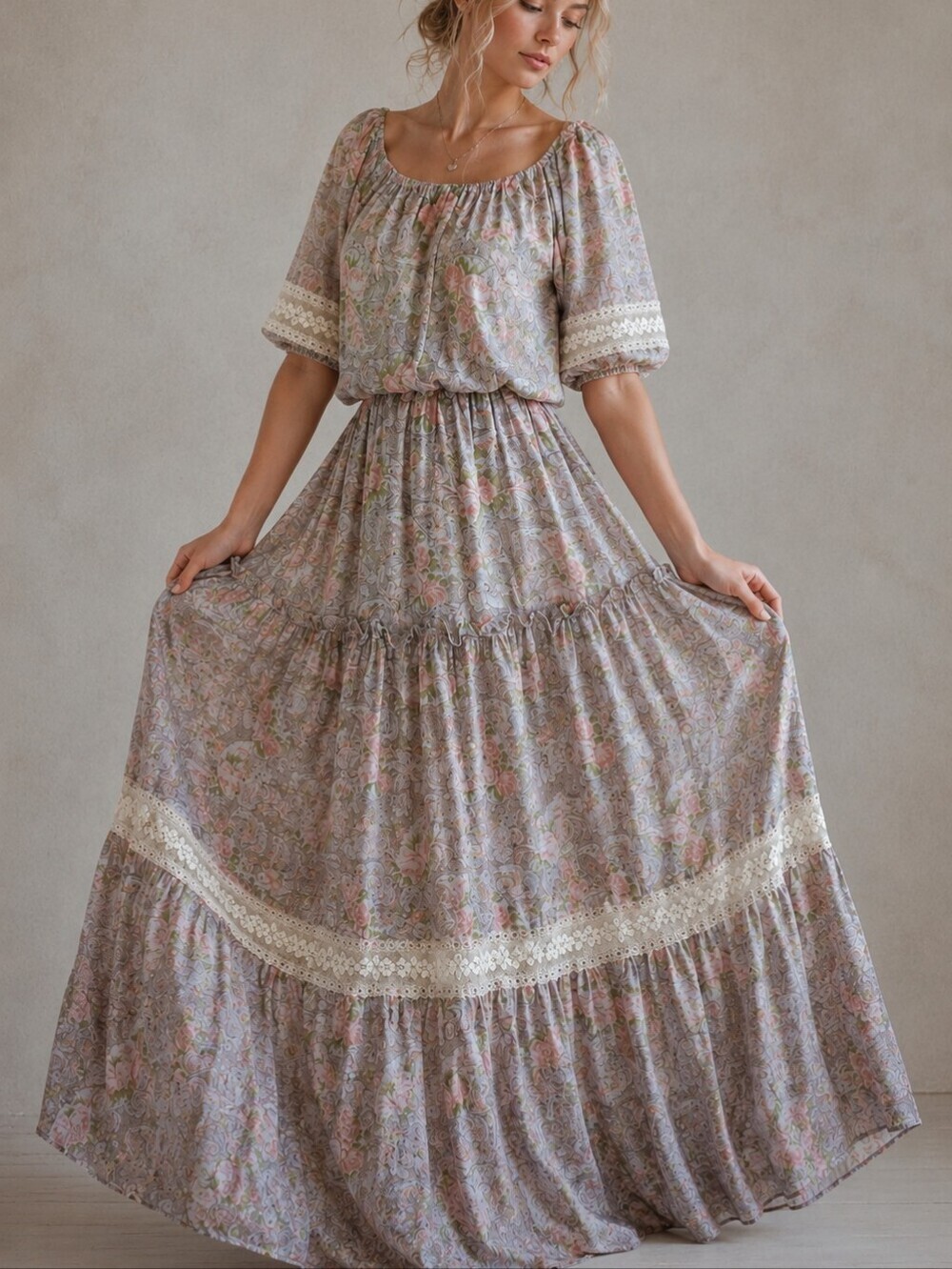 Vintage 1970s Roberta Bohemian Prairie Floral Maxi Dress with Lace Trim Size 9